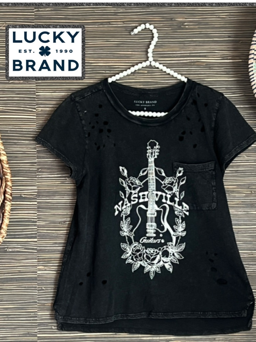 LUCKY BRAND T-Shirt Womens Small Black Distressed Nashville Guitar Roses Graphic
